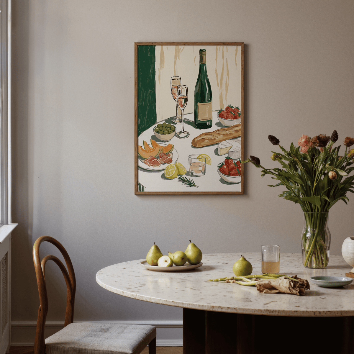 Food and Wine Art Print, multicolored table still life for kitchen ambiance