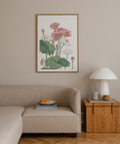 Vertical poppy wall art print highlighting seed pods and veined leaves