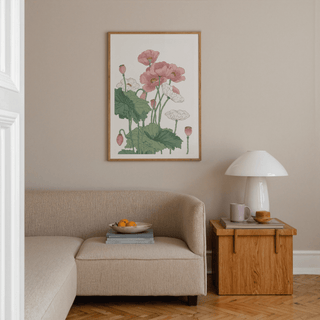 Vertical poppy wall art print highlighting seed pods and veined leaves