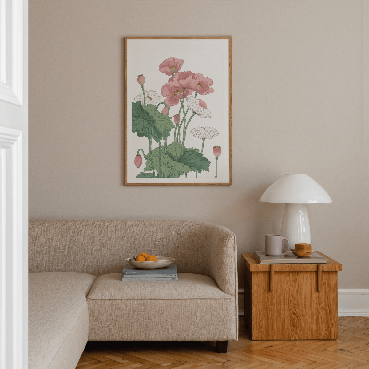 Vertical poppy wall art print highlighting seed pods and veined leaves