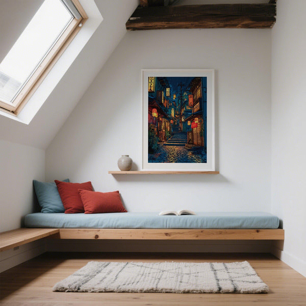 Japanese drawing with red lanterns and wet cobblestone street