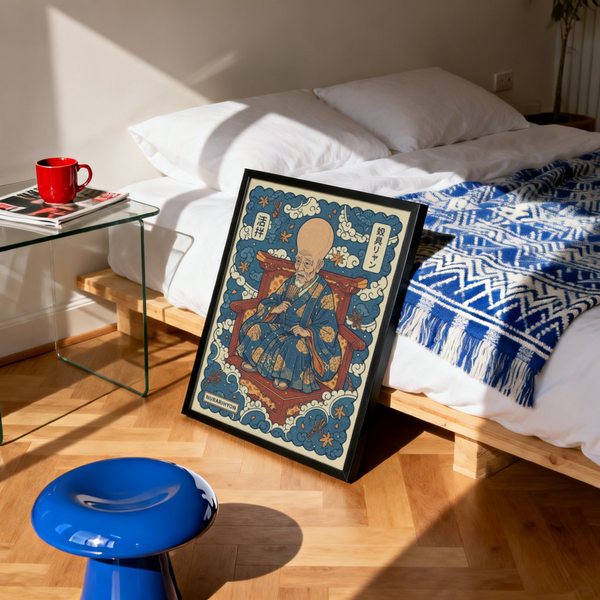 Nurarihyon Wall Art illustration framed by swirling Blue Red Beige clouds