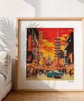 Japanese cityscape print featuring a sunset and classic car.