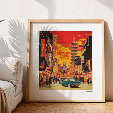 Japanese cityscape print featuring a sunset and classic car.