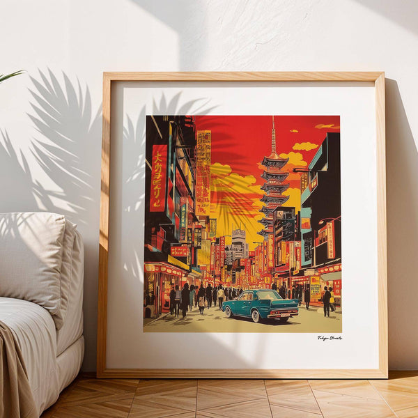 Warm sunset Japonise art print with vintage car and cityscape