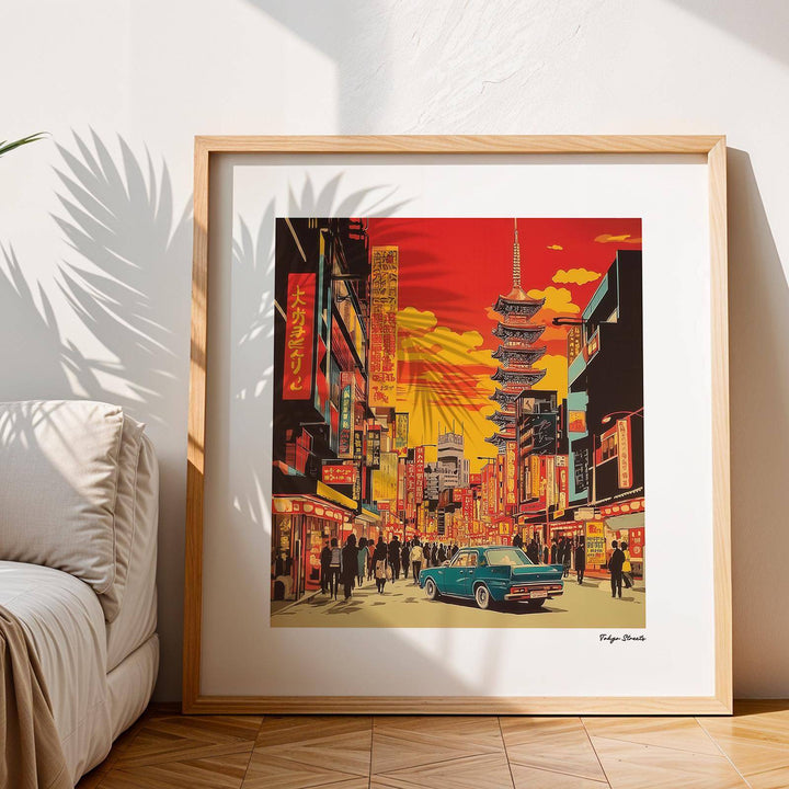 Japonise Art framed print of a retro Tokyo street scene with a blue car leaning on the floor by a sofa
