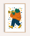 Frog Playing Trumpet Art in multicolored style for living room wall art print