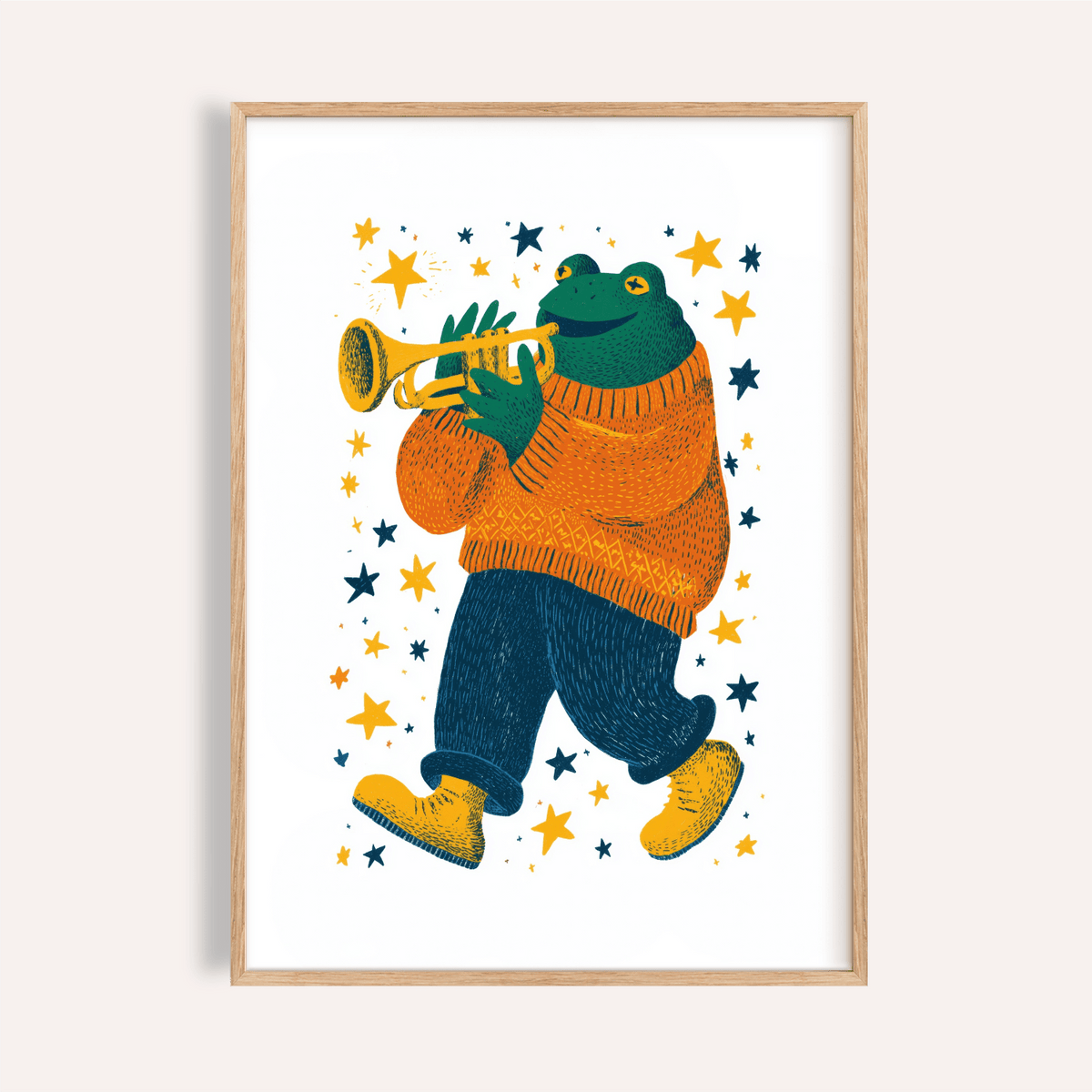 Frog Playing Trumpet Art in multicolored style for living room wall art print