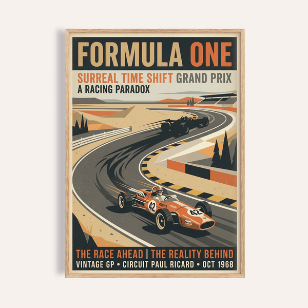 Front view of Surreal Racing Poster wall art showing Formula One headline and two race cars on a curving track