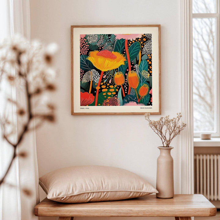 Floral Prints for Framing featuring abstract floral pattern in bright colours above beige cushion and pottery vase