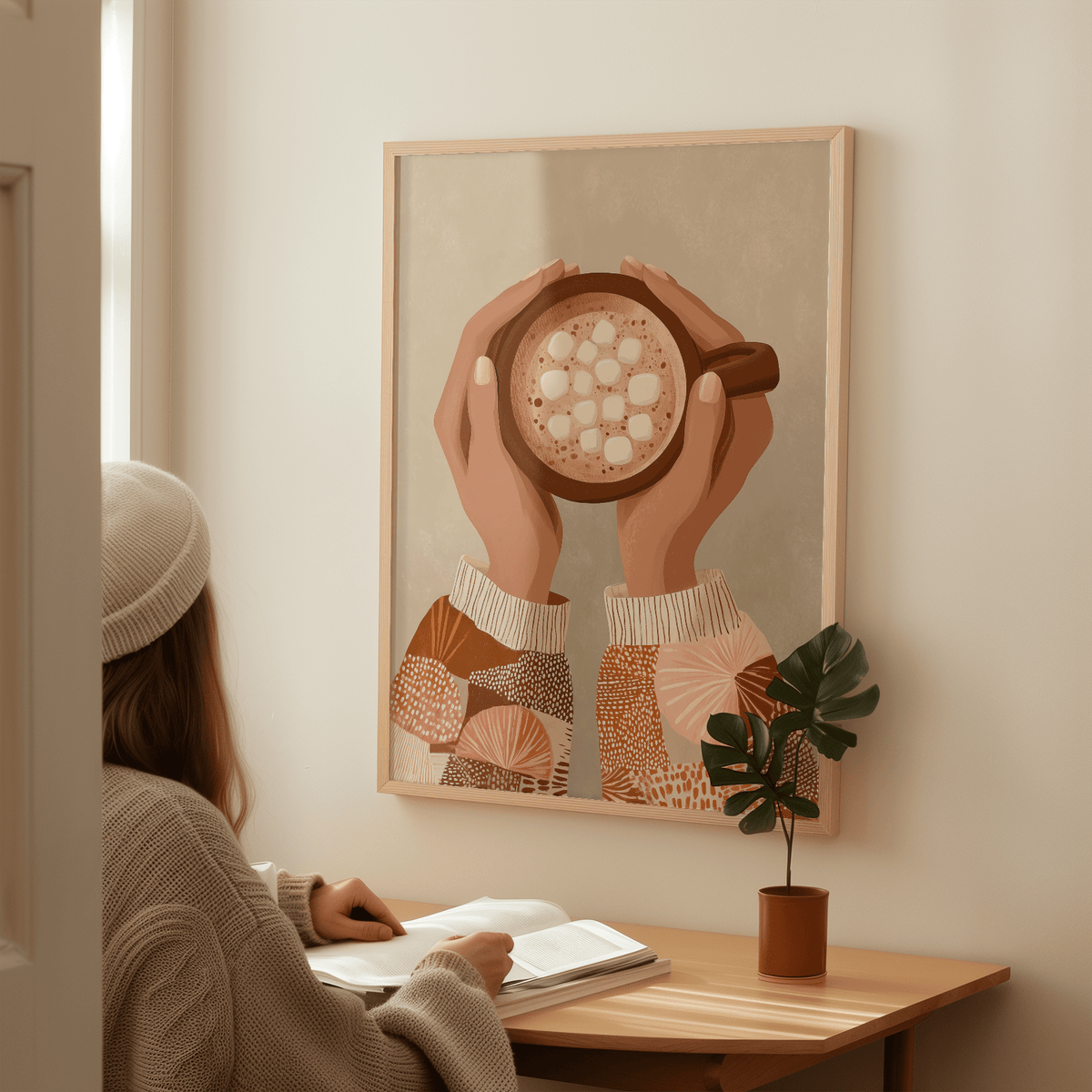 Modern Cute Coffee Art Print in white and beige for dining area