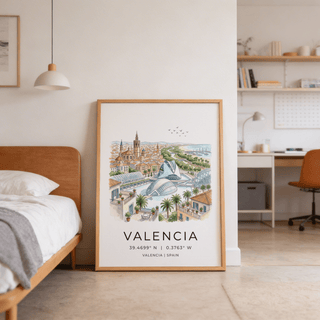Architectural skyline print poster featuring bell towers, clustered buildings, and birds overhead