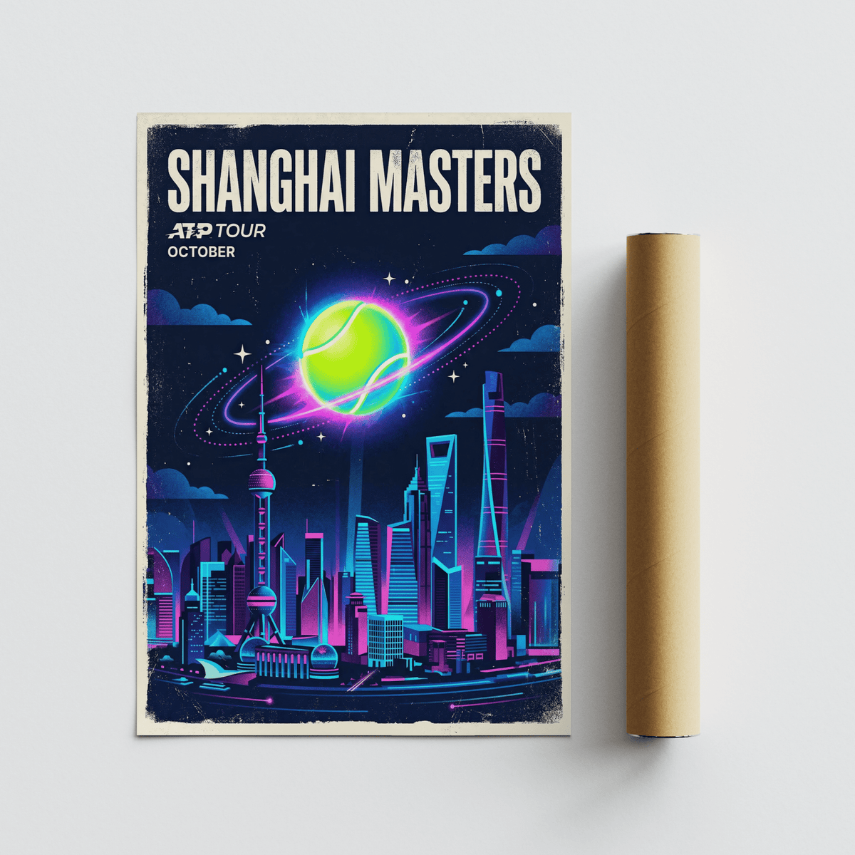 Vintage-style Shanghai Masters Tennis Print with large headline text and starry night sky