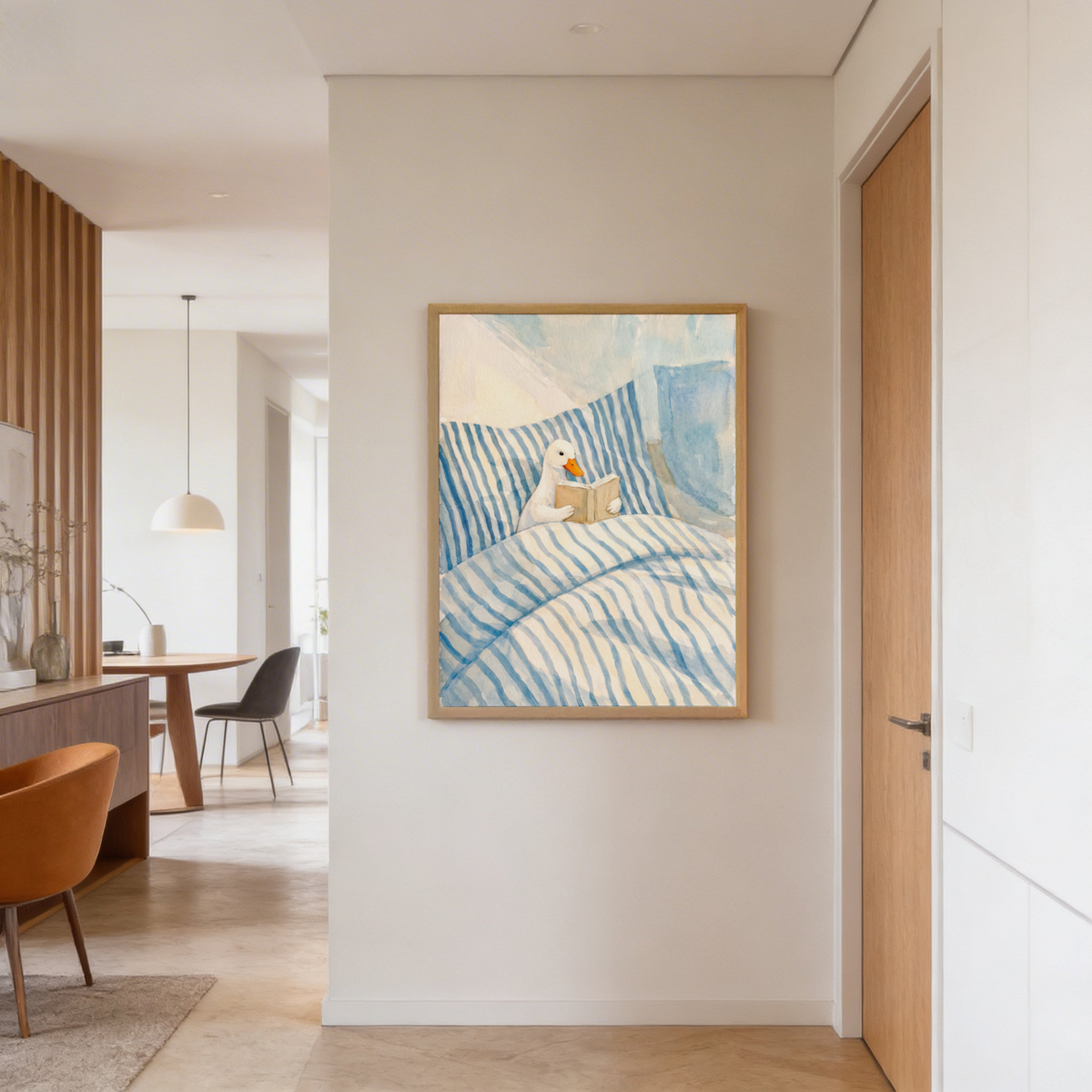 Whimsical animal poster print with a small duck reading in bed and lots of negative space