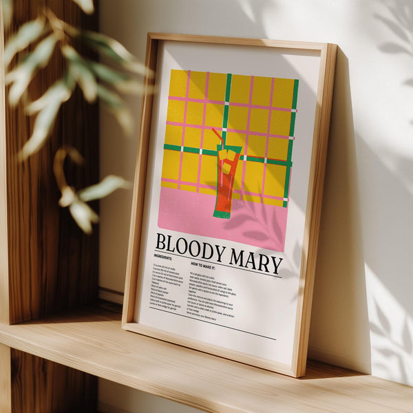 Cocktail wall print with a bold color palette and Bloody Mary recipe layout.