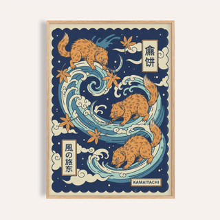 Kamaitachi Wall Art poster showing three weasel spirits on curling wind