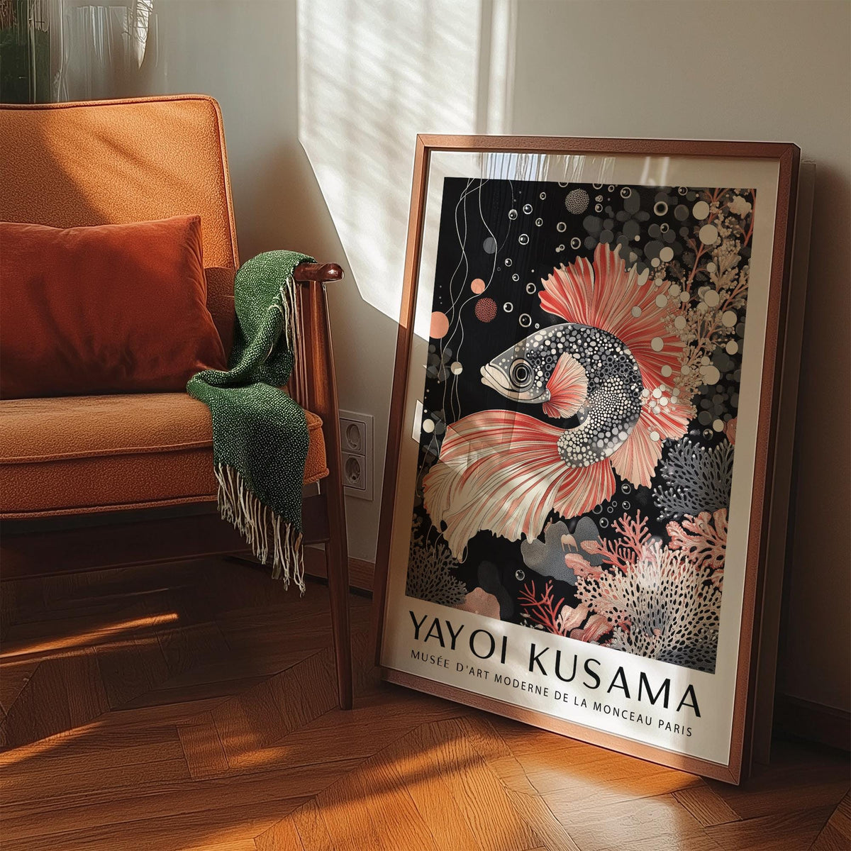 Graceful oriental Asian wall art for modern decor with red and white fish