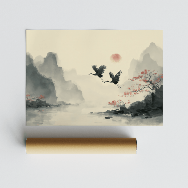 Traditional Ink Wall Art, Black and Gray lake scene for entryway decor