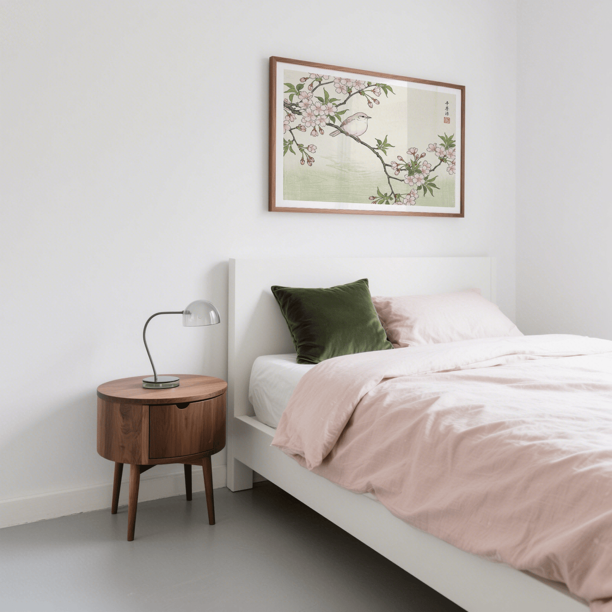 Detailed petals and leaf clusters surrounding a tranquil songbird