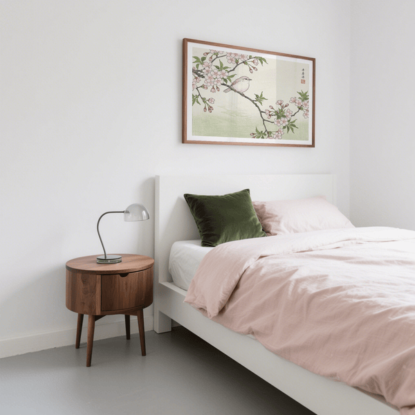 Detailed petals and leaf clusters surrounding a tranquil songbird