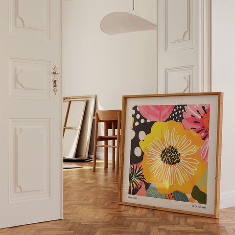 Contemporary yellow and pink flower art for home decor.