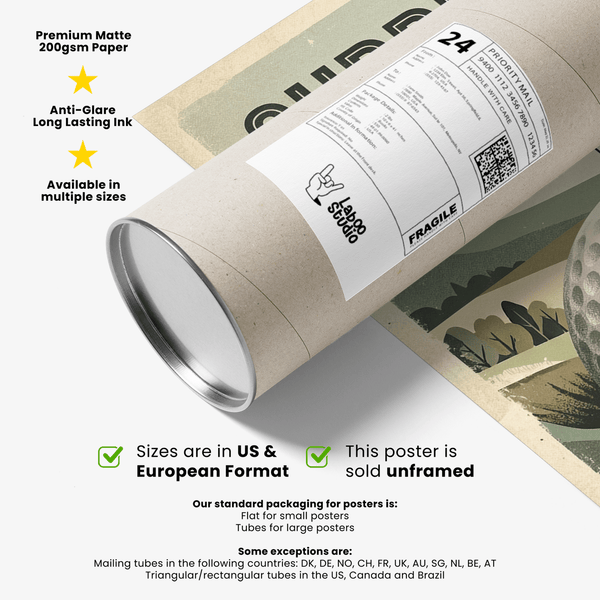 Graphic golf poster wall art with central oversized ball, distant hills, and small figures on the green