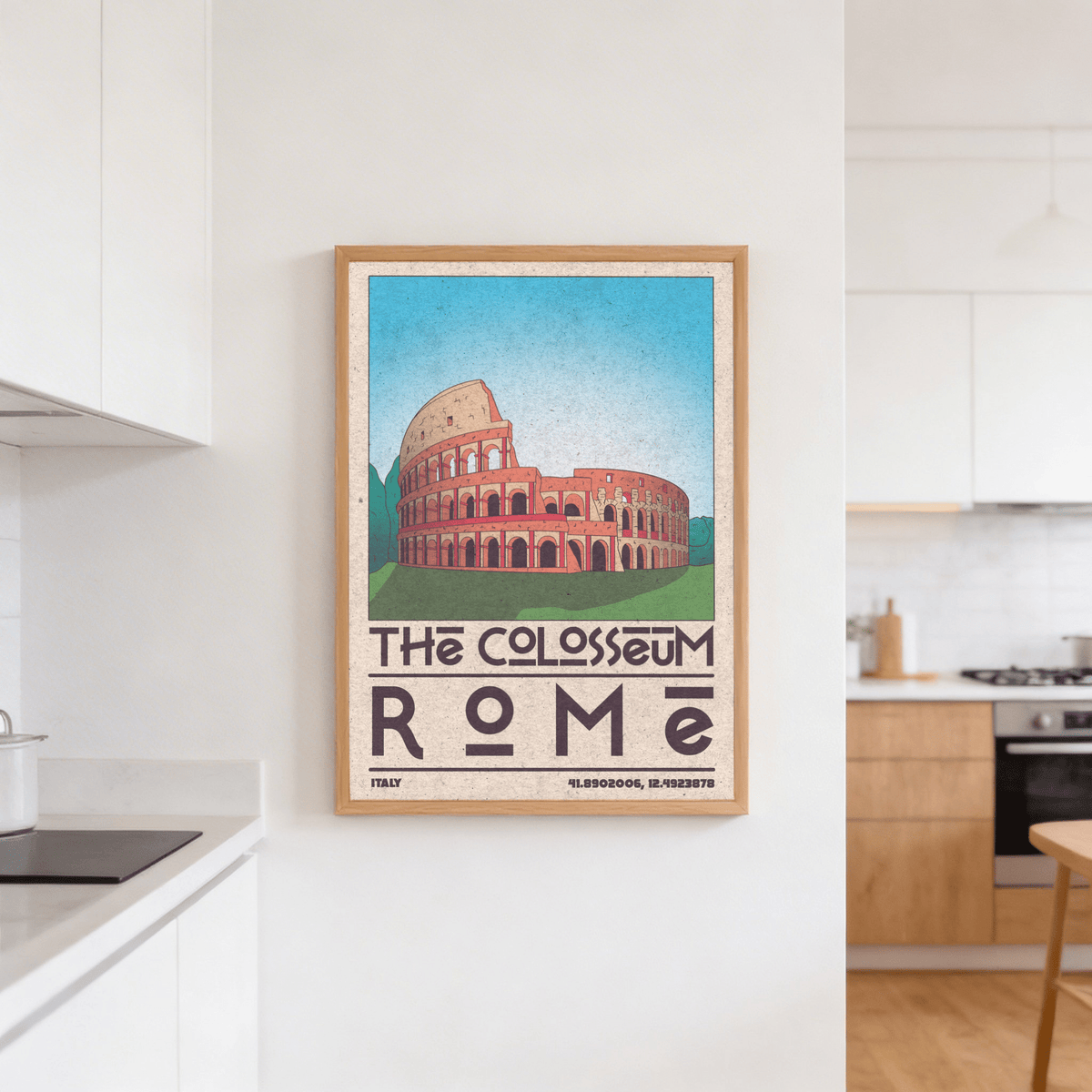 Rome landmark wall art print featuring the Colosseum and block ROMA type