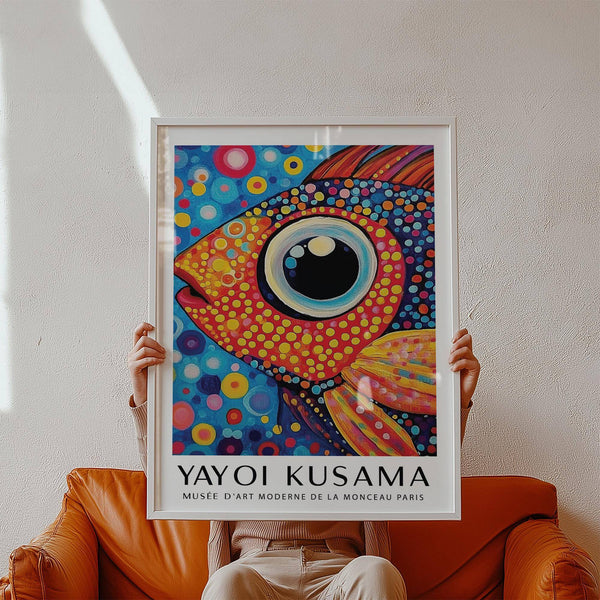 Modern colorful fish art print with Kusama-inspired dots and vibrant fish design