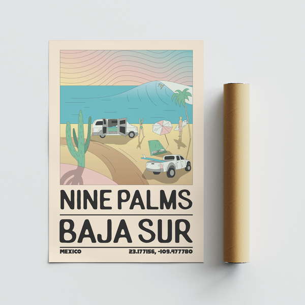 Clean lined artwork depicting two beach vehicles and surf culture scene