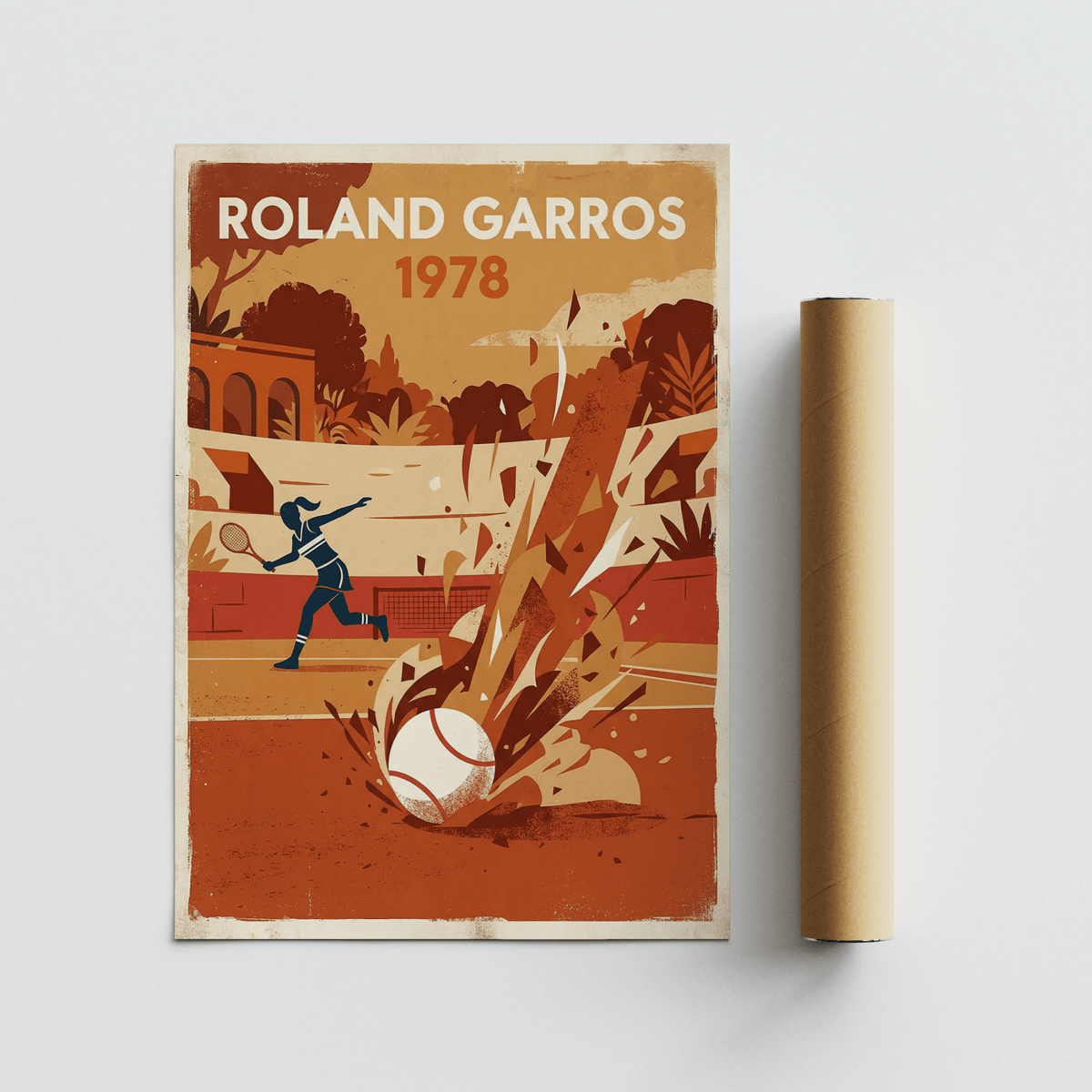 Court-side tennis print poster with textured background, layered plants, and bold block lettering