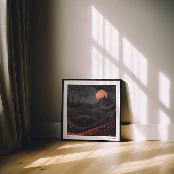 Artistic wall moon art print with dreamlike landscape in red hues