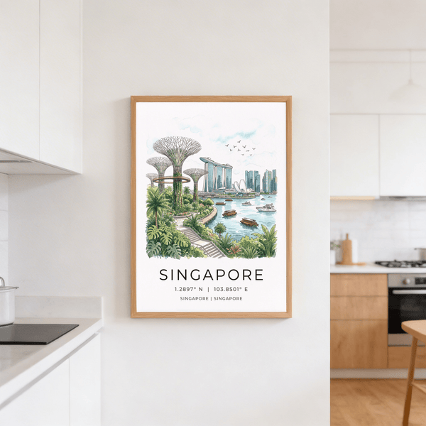 Harbor scene wall art print featuring Marina Bay boats with Singapore skyline in the background