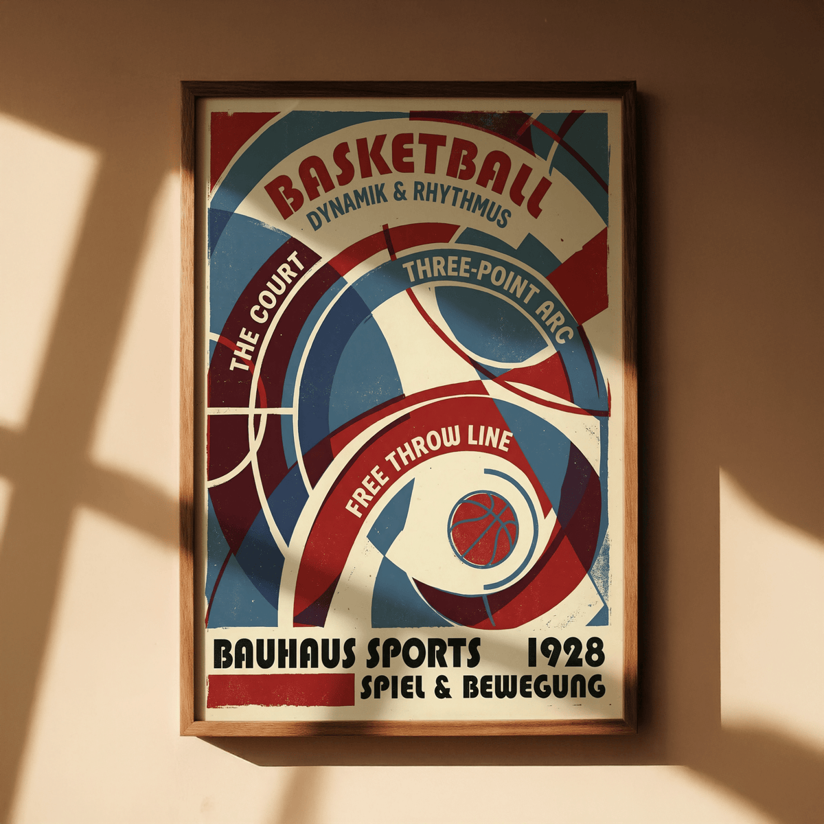 Graphic basketball poster with sweeping red and blue arcs and free throw text