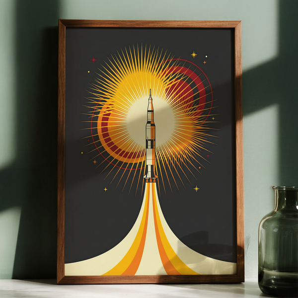 Rocket Launch Art Print, yellow highlights, creative studio wall art