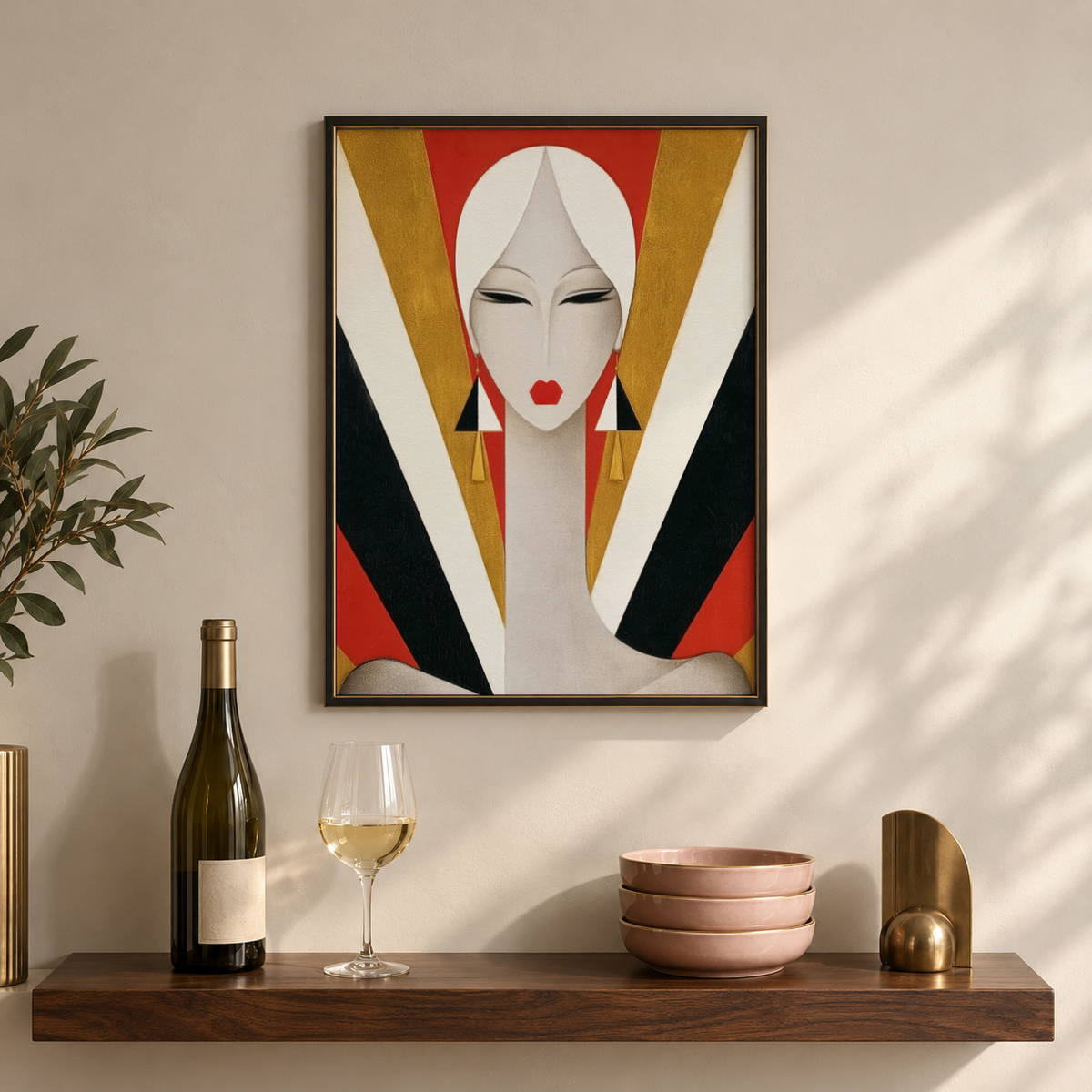 Minimalist-style woman portrait print poster featuring layered triangles and diagonal blocks