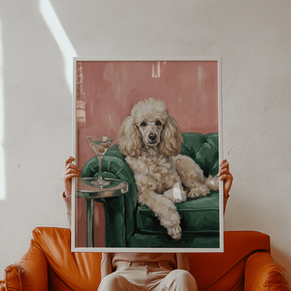 Elegant Poodle Wall Art, Pink backdrop with Green accents for hallway decor