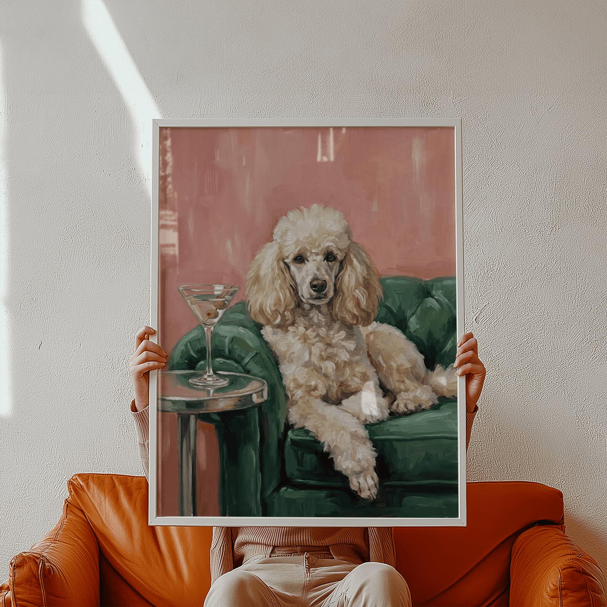Elegant Poodle Wall Art, Pink backdrop with Green accents for hallway decor