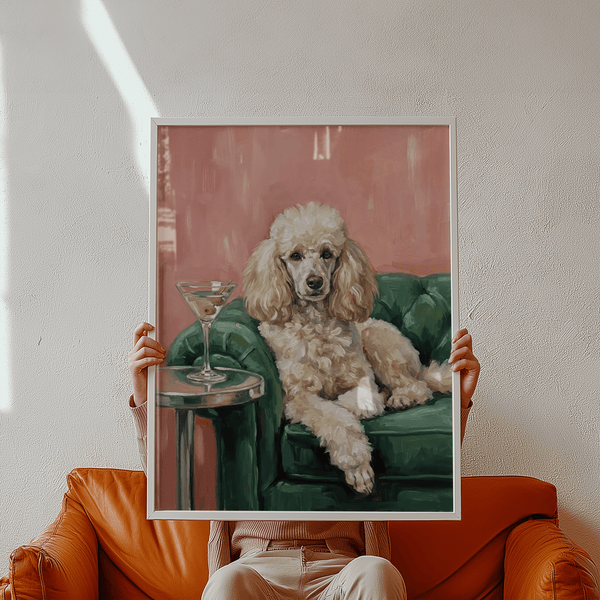 Elegant Poodle Wall Art, Pink backdrop with Green accents for hallway decor