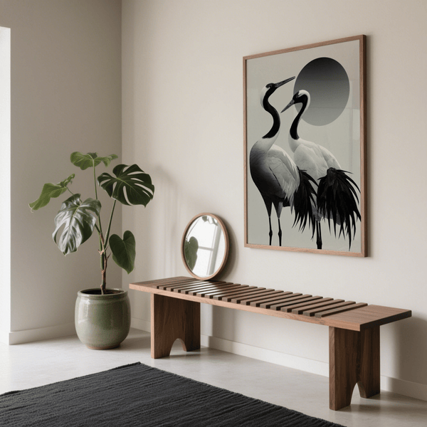 Elegant Black and White Crane Print in Black and White for study room poster