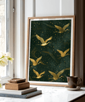 Showing repeating crane wall art print with wings spread and speckled texture details