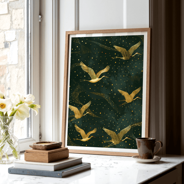 Showing repeating crane wall art print with wings spread and speckled texture details