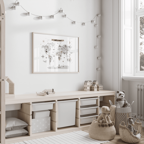 Childs World Map poster for nursery, Multicolored, Gray, White, educational decor