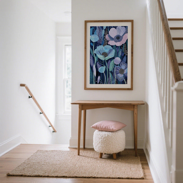 Floral Blue and Purple Art featuring layered petals in navy and lilac.