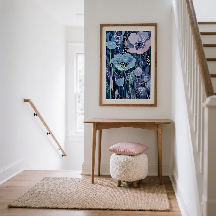 Blue and Purple Art print with stylized flowers in shades of blue and purple above a wooden table and stool