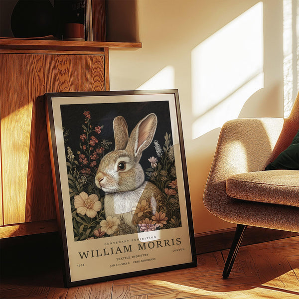 Soft and natural vintage rabbit art showing a bunny against a rich black backdrop and blooms.