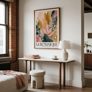 Botanical flower prints with layered leaves in pink and green