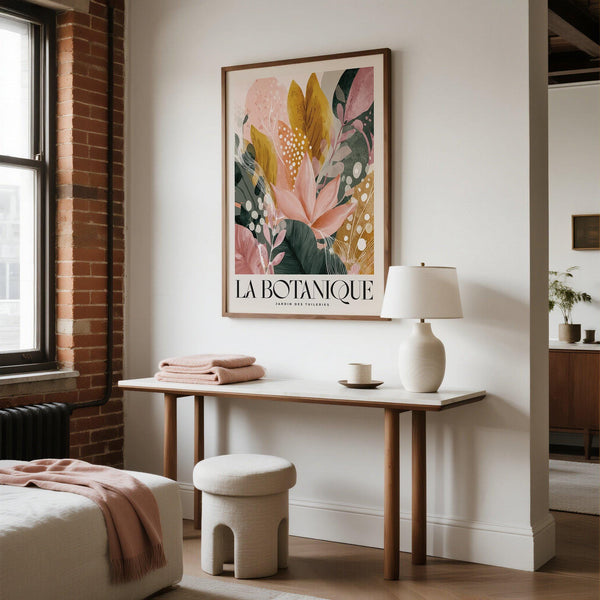 Botanical flower prints with layered leaves in pink and green