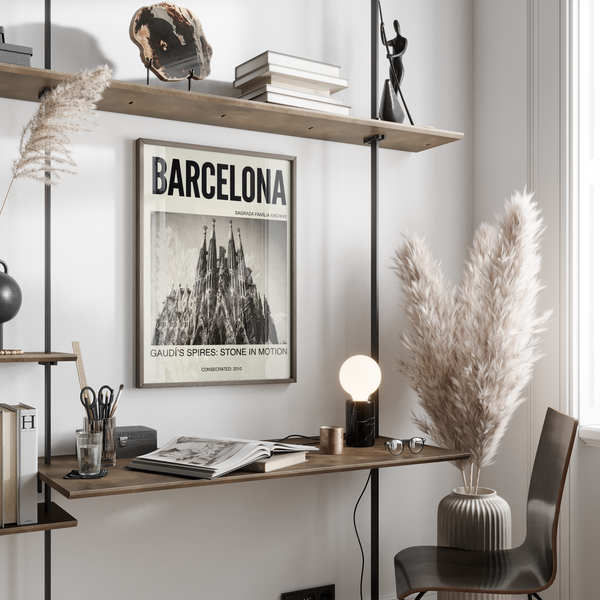 Centered Sagrada Familia Wall Art poster with large BARCELONA title and cathedral photograph