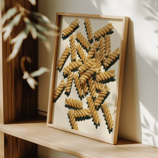 Fusilli Pasta Art wall art in beige and yellow for contemporary kitchen