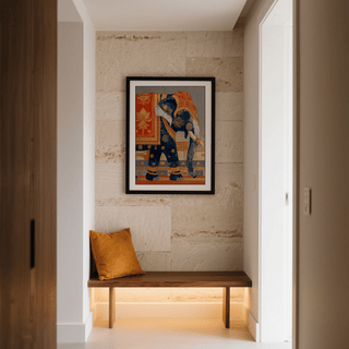 Illustrated elephant poster print with layered motifs and geometric panels